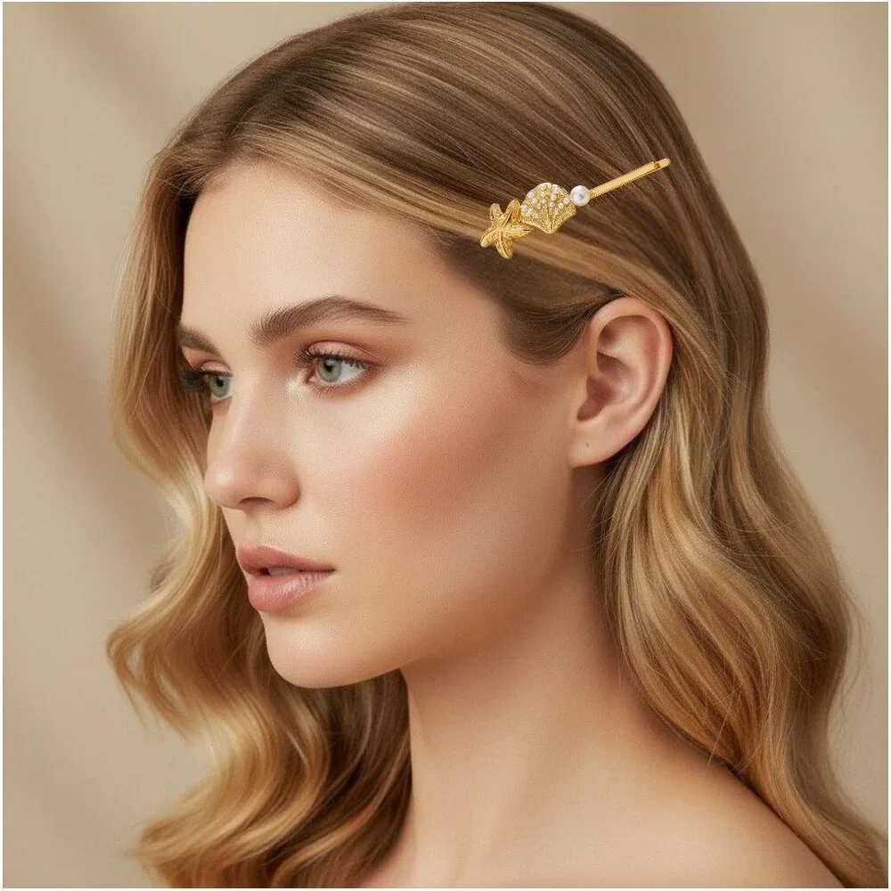 18K Gold Plated Stainless Steel Starfish Shell Pearl Coastal Hair Bobby Pin